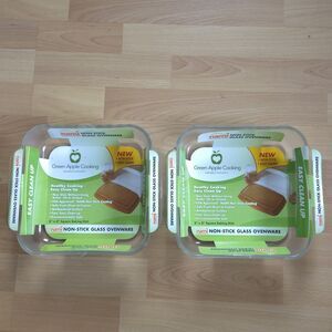 2 Nami Non-Stick Glass Ovenware Baking Dishes Green Apple Cooking 8 x 8 S8661